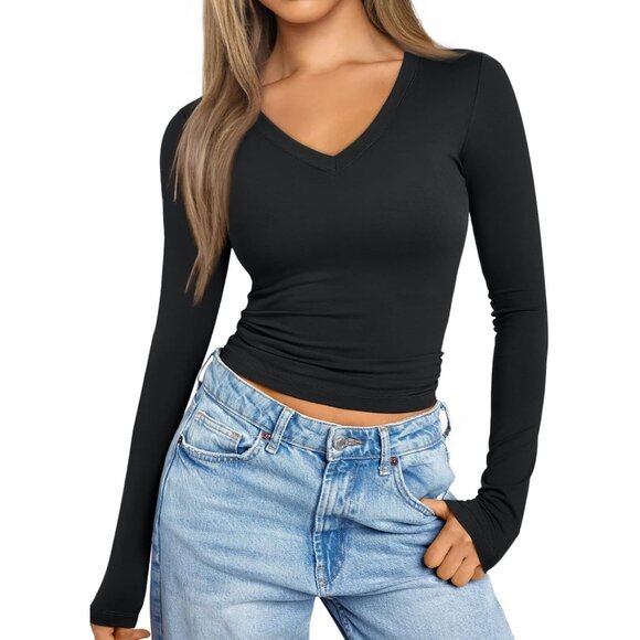 Women 2024 Fall Fashion V Neck Basics Crop Tops Layering Slim Fitted Y2K Tops - Picture 1 of 6